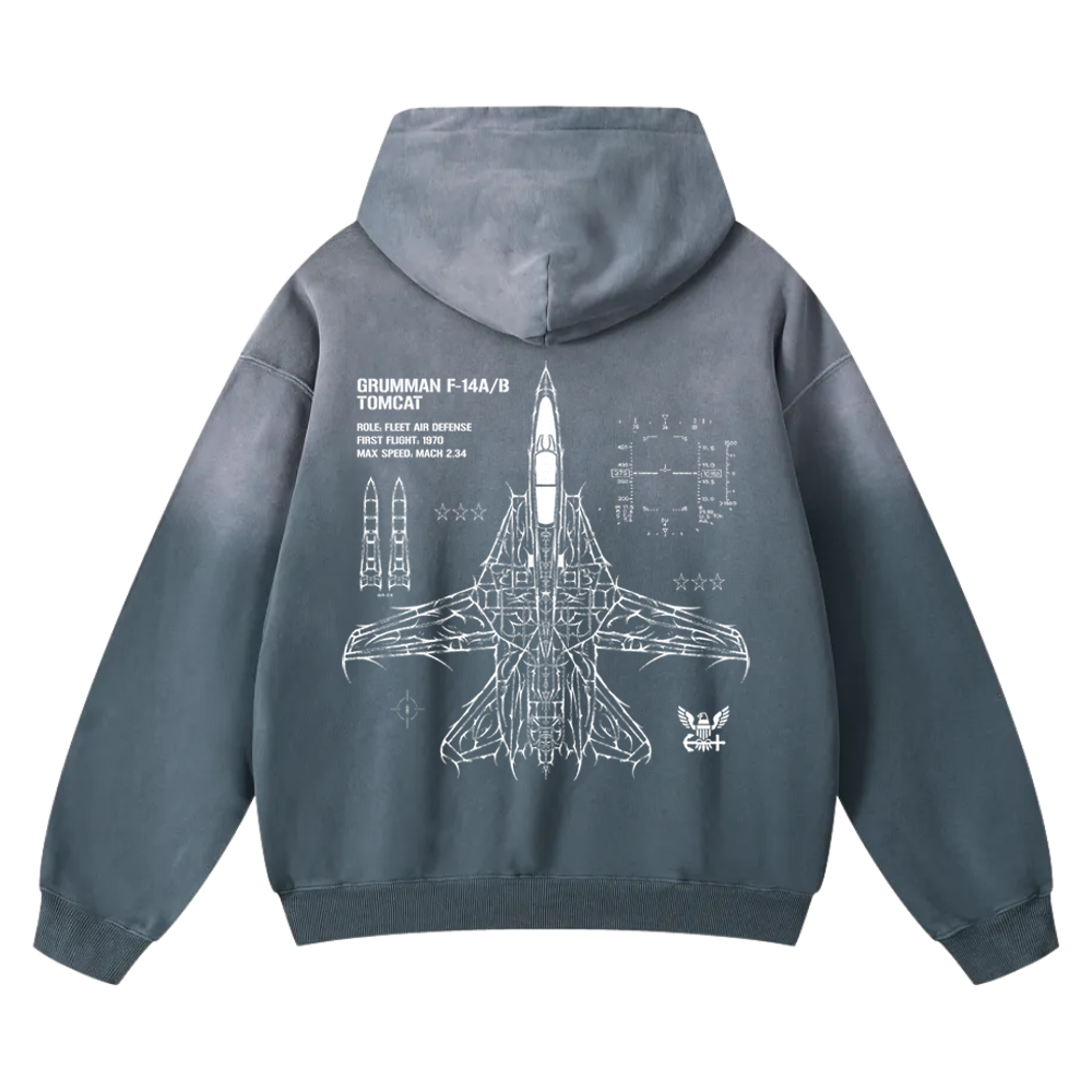 Blue hoodie with white F-14 Tomcat blueprint and aviation graphic on the back