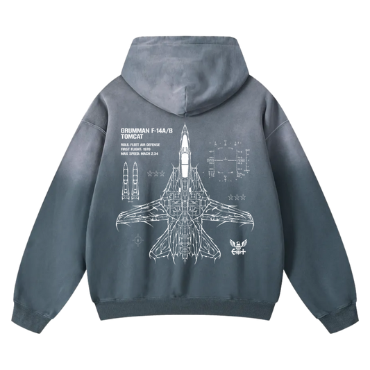 Blue hoodie with white F-14 Tomcat blueprint and aviation graphic on the back