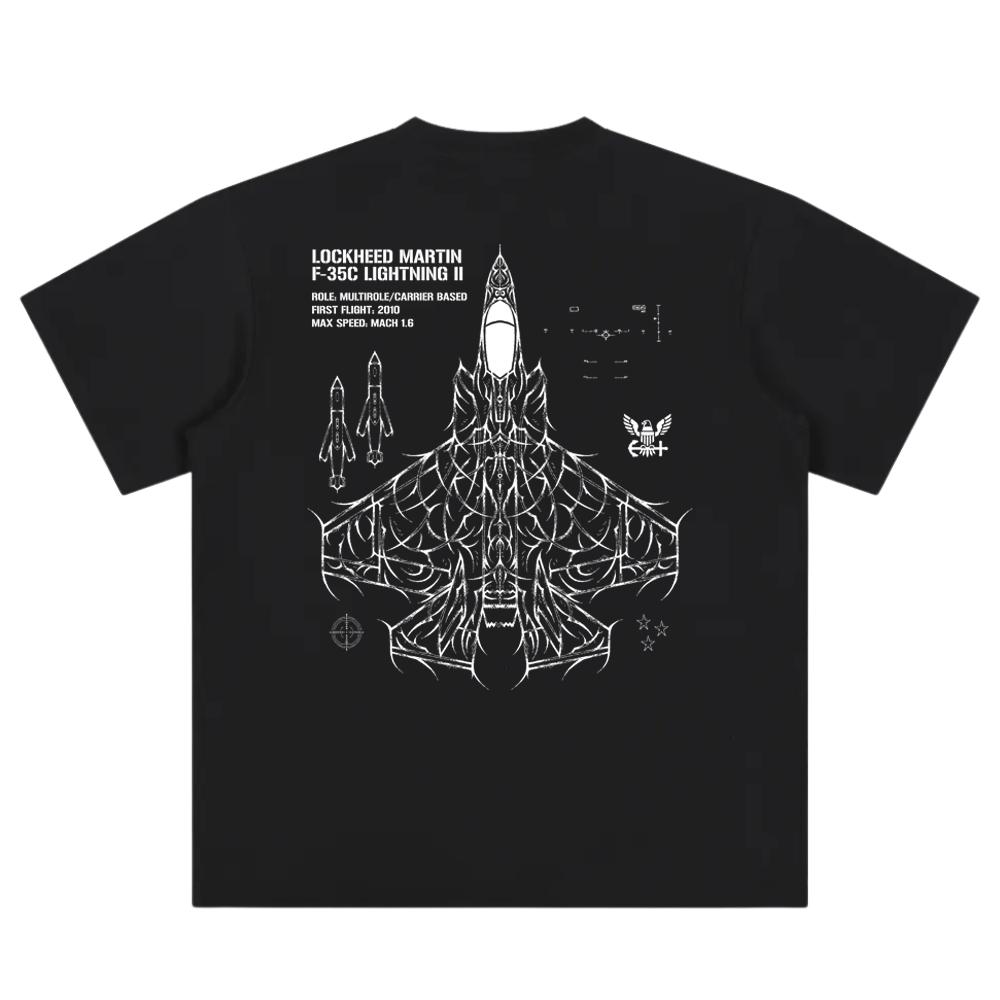 Black t-shirt featuring white F-35C Lightning II jet graphic and technical details on the back