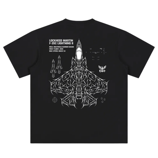 Black t-shirt featuring white F-35C Lightning II jet graphic and technical details on the back