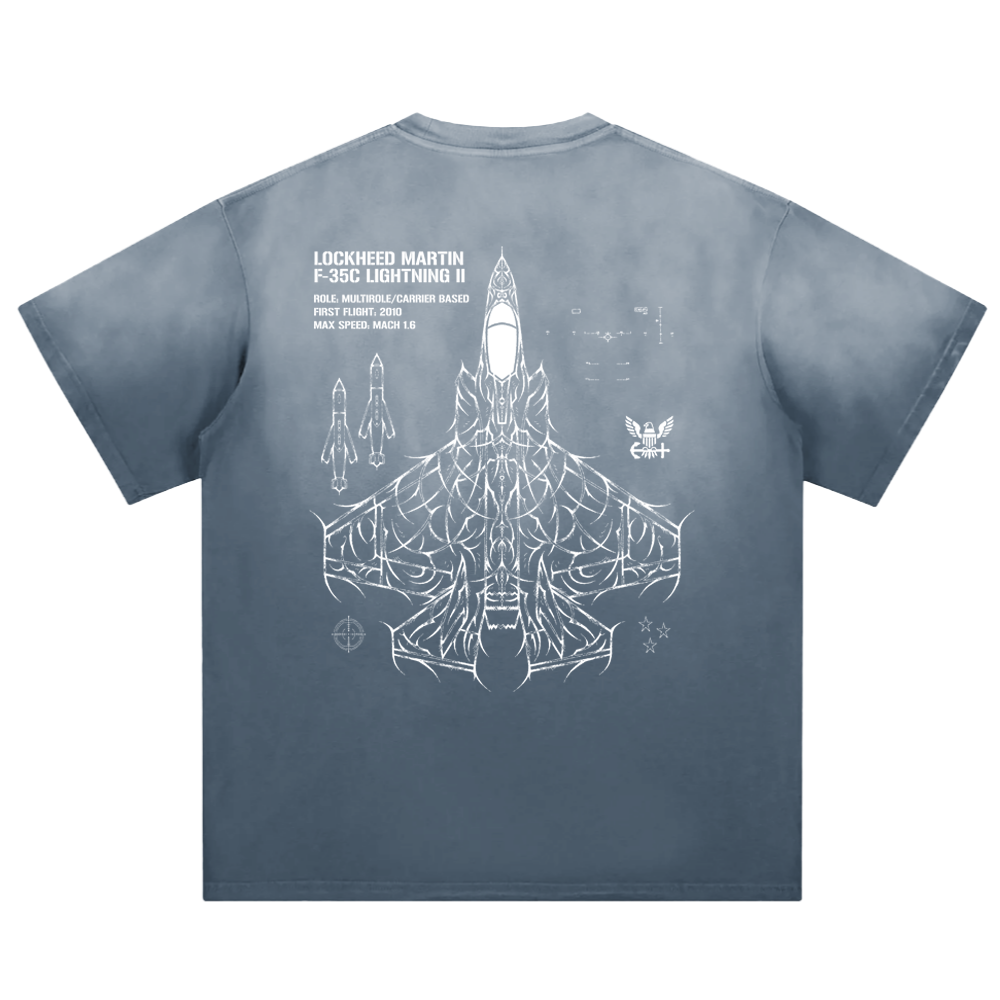 Blue T-shirt with F-35C Lightning II fighter jet schematic, technical aviation graphic on back