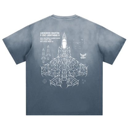 Blue T-shirt with F-35C Lightning II fighter jet schematic, technical aviation graphic on back