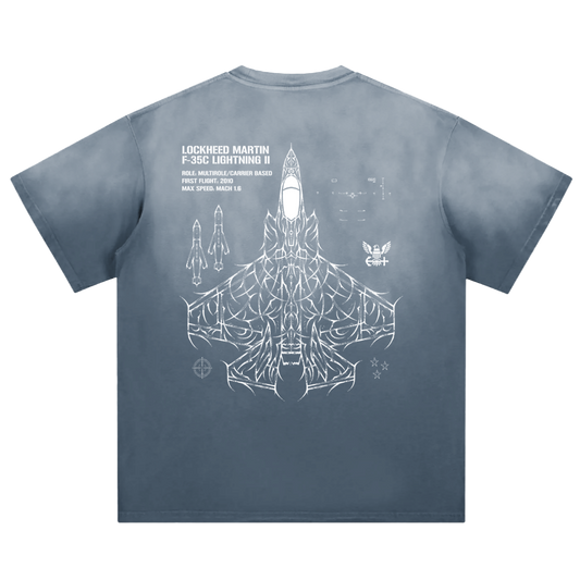 Blue T-shirt with F-35C Lightning II fighter jet schematic, technical aviation graphic on back