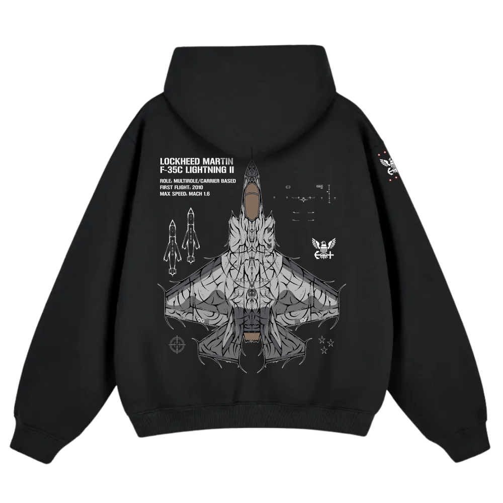 Black hoodie featuring F-35C fighter jet graphic and technical specs on the back, aviation streetwear.