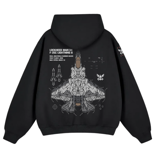 Black hoodie featuring F-35C fighter jet graphic and technical specs on the back, aviation streetwear.