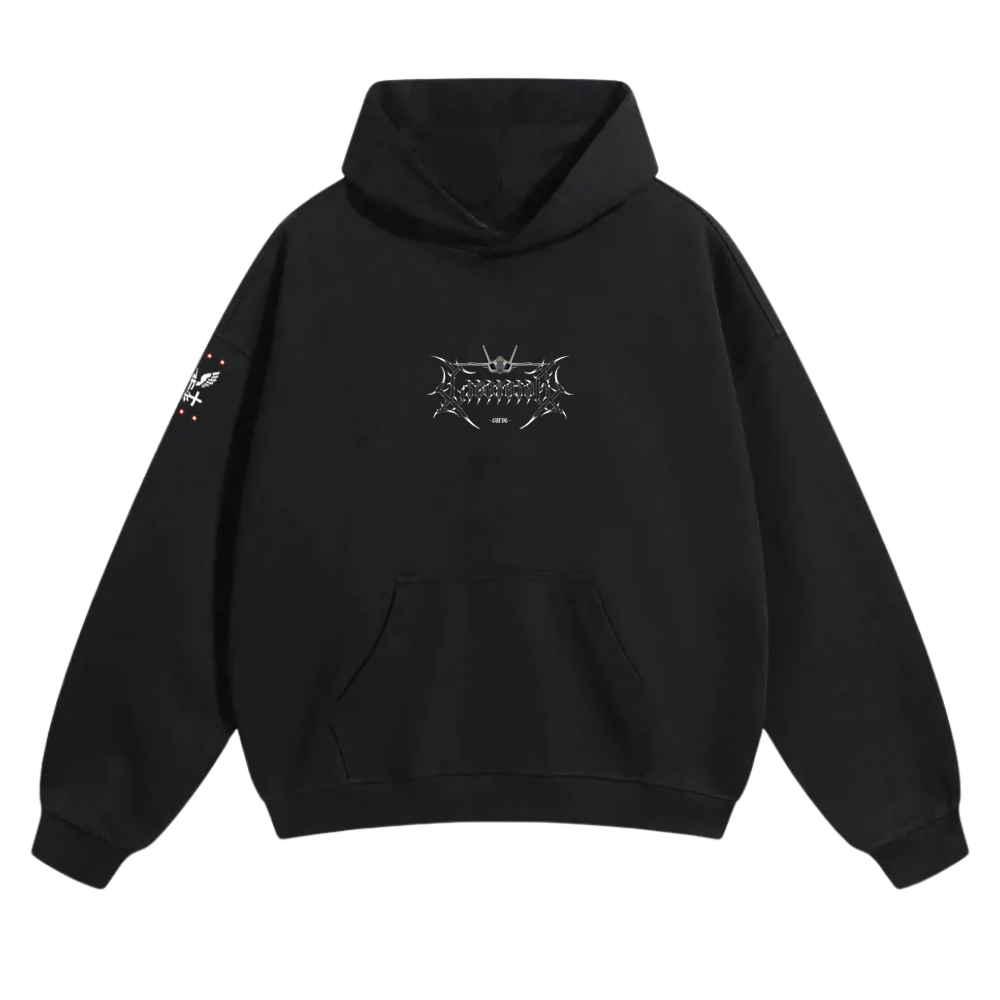 Black hoodie with metallic aviation-inspired chest graphic and arm patch, tactical streetwear style