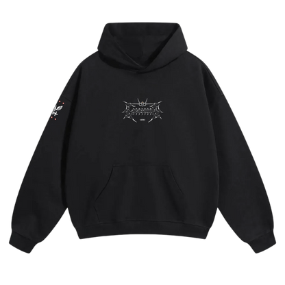 Black hoodie with metallic aviation-inspired chest graphic and arm patch, tactical streetwear style