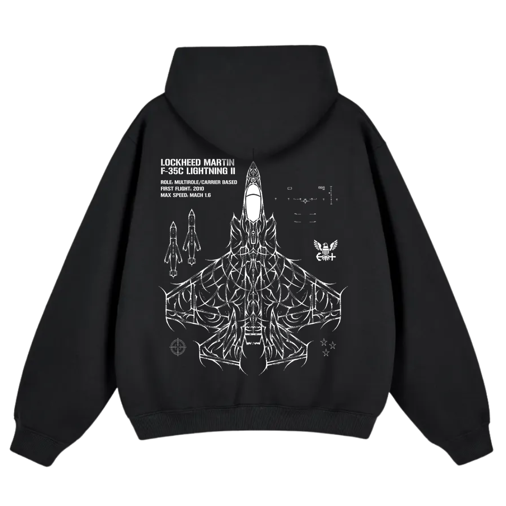 Black hoodie with white F-35C Lightning II jet schematic and technical details on back