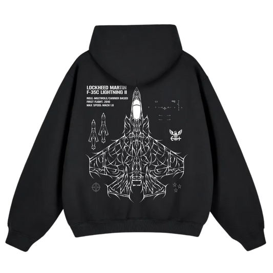 Black hoodie with white F-35C Lightning II jet schematic and technical details on back