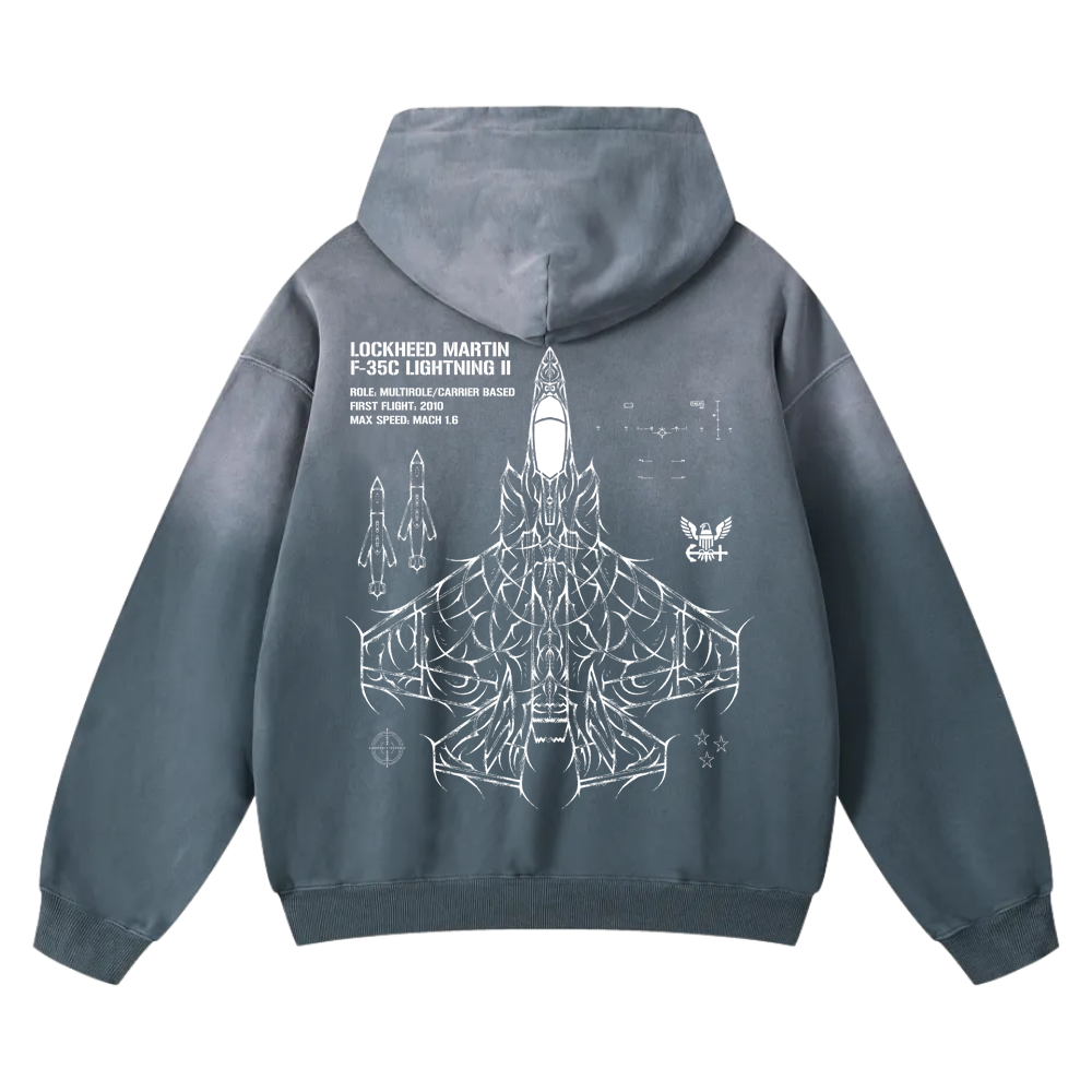 Blue hoodie with F-35C Lightning II jet schematic and technical graphics on the back