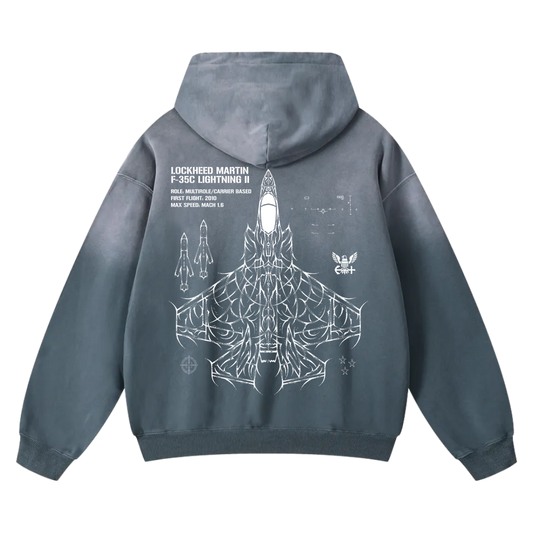 Blue hoodie with F-35C Lightning II jet schematic and technical graphics on the back