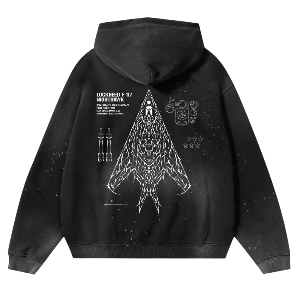 Black hoodie with white Lockheed F-117 Nighthawk graphic, military aviation-inspired design