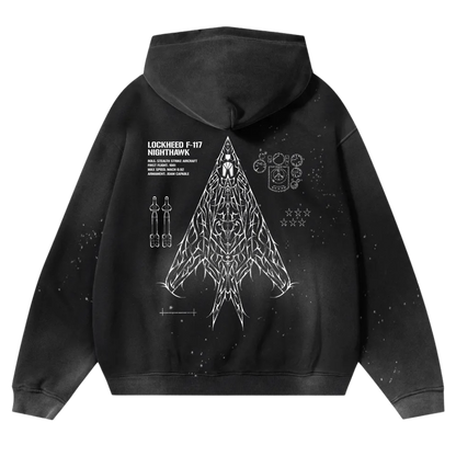 Black hoodie with white Lockheed F-117 Nighthawk graphic, military aviation-inspired design