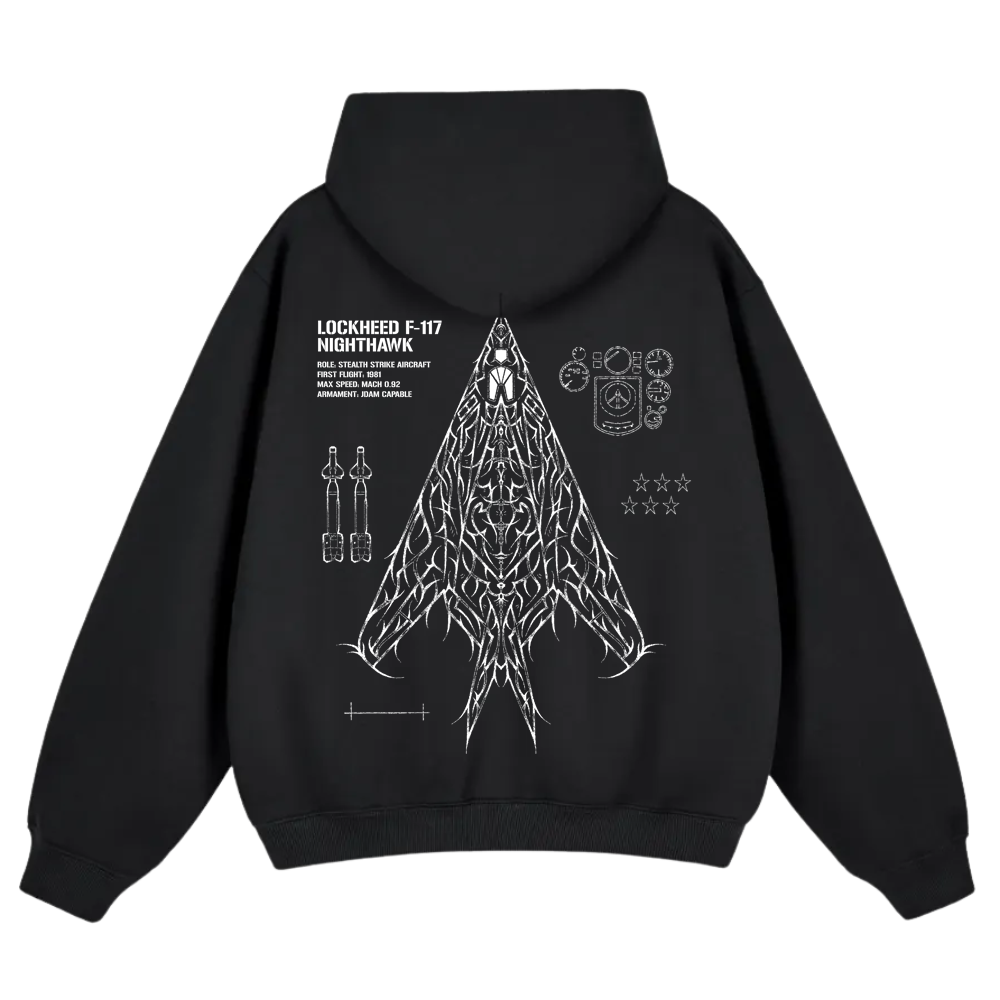 Black hoodie with artistic F-117 Nighthawk jet graphic and technical aviation details on back
