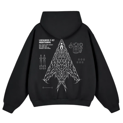 Black hoodie with artistic F-117 Nighthawk jet graphic and technical aviation details on back