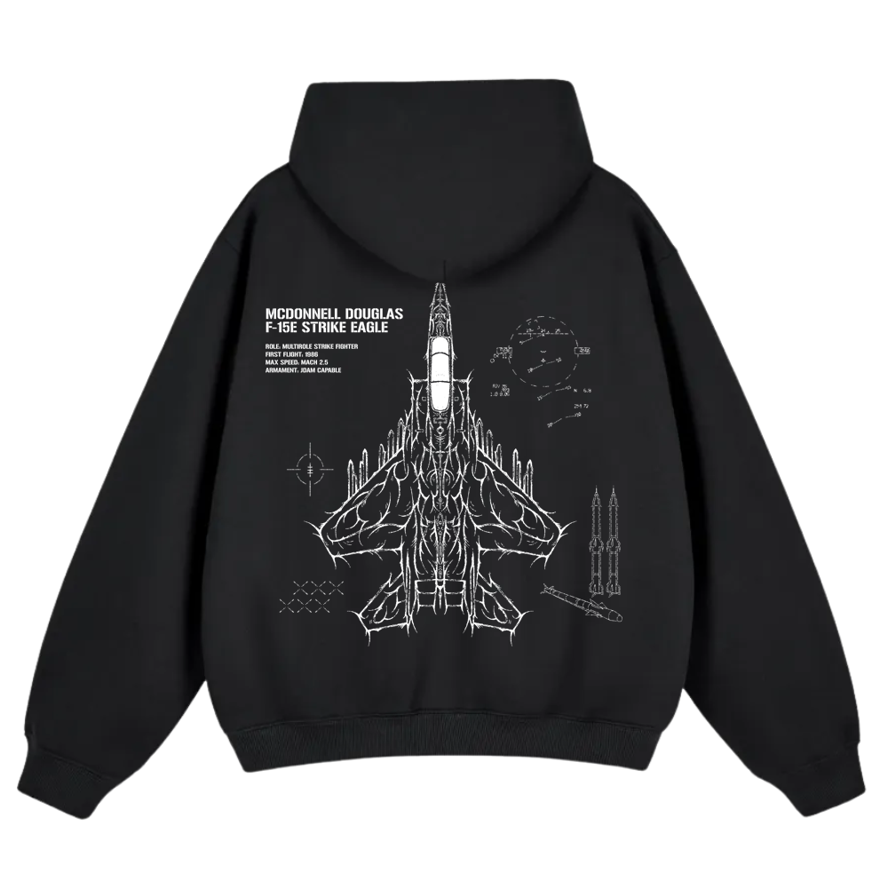 Black hoodie featuring white technical jet blueprint and aviation-inspired graphics on back