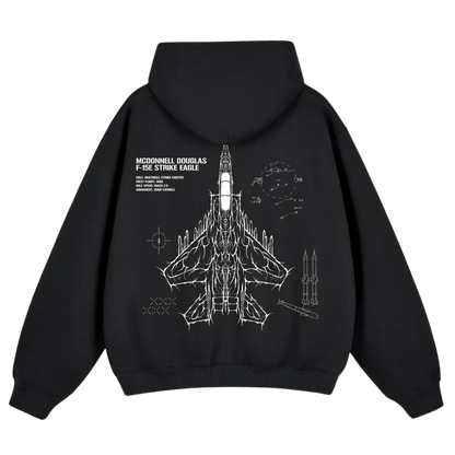 Black hoodie featuring white technical jet blueprint and aviation-inspired graphics on back