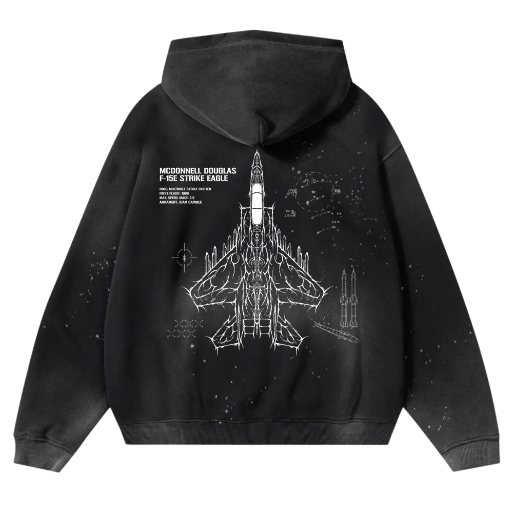 Black hoodie with F-15E Strike Eagle schematic and aviation-inspired line art on back