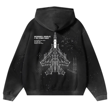 Black hoodie with F-15E Strike Eagle schematic and aviation-inspired line art on back