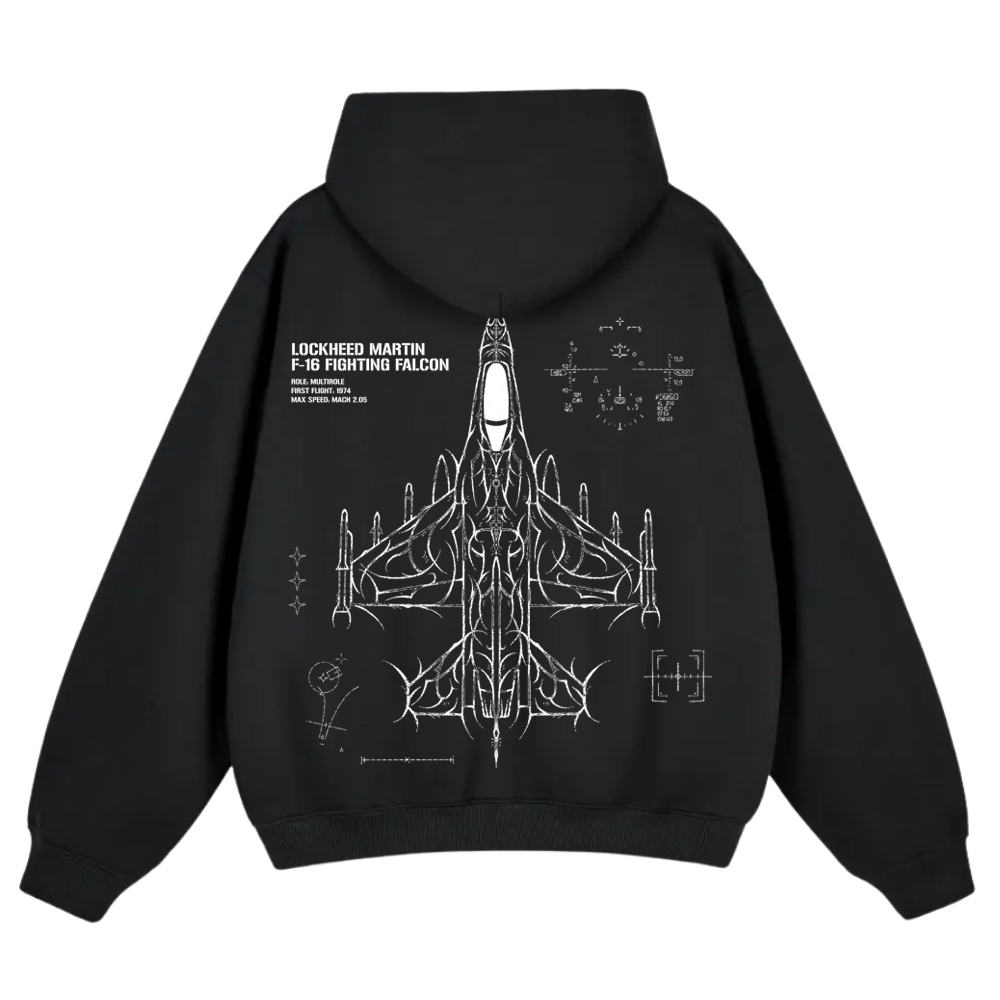 Black hoodie with white F-16 fighter jet blueprint and aviation-inspired graphic designs on back