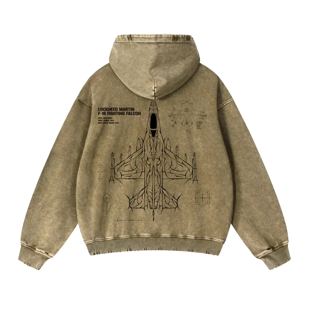 Tan hoodie featuring black F-16 fighter jet line art and technical aviation graphics on the back