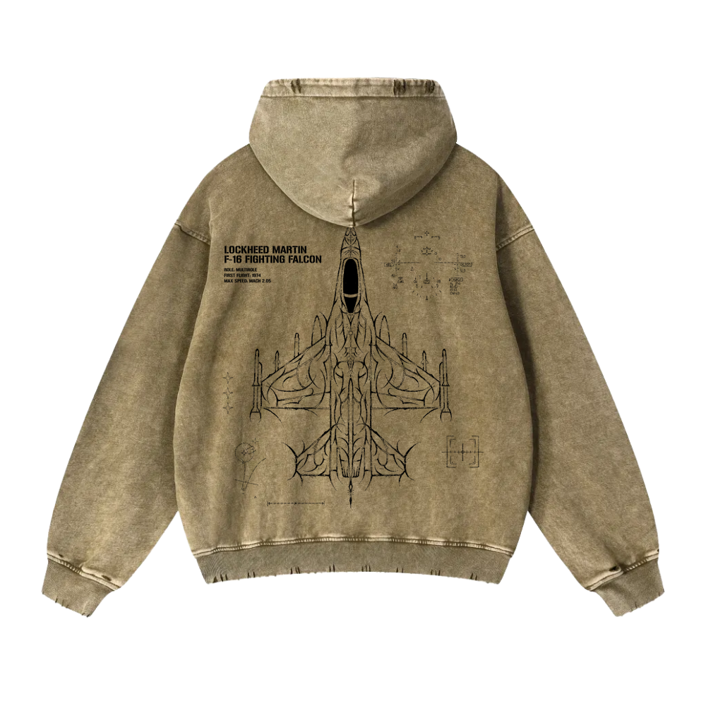F-16 FIGHTING FALCON CYBERSIGILISM WASHED HOODIE - DESERT BROWN