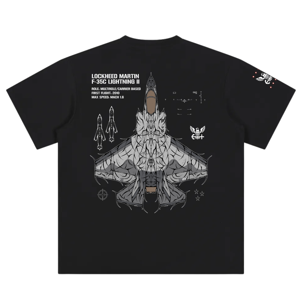 Black streetwear t-shirt with F-35C fighter jet technical graphic and aviation-inspired line art.