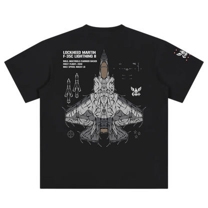 Black streetwear t-shirt with F-35C fighter jet technical graphic and aviation-inspired line art.