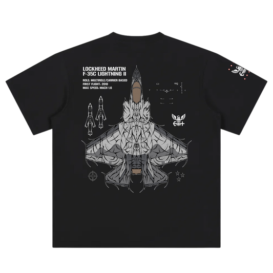Black streetwear t-shirt with F-35C fighter jet technical graphic and aviation-inspired line art.