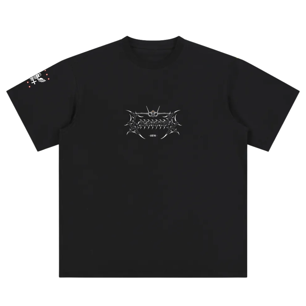 Black graphic streetwear t-shirt with silver aviation-inspired logo and winged sleeve design
