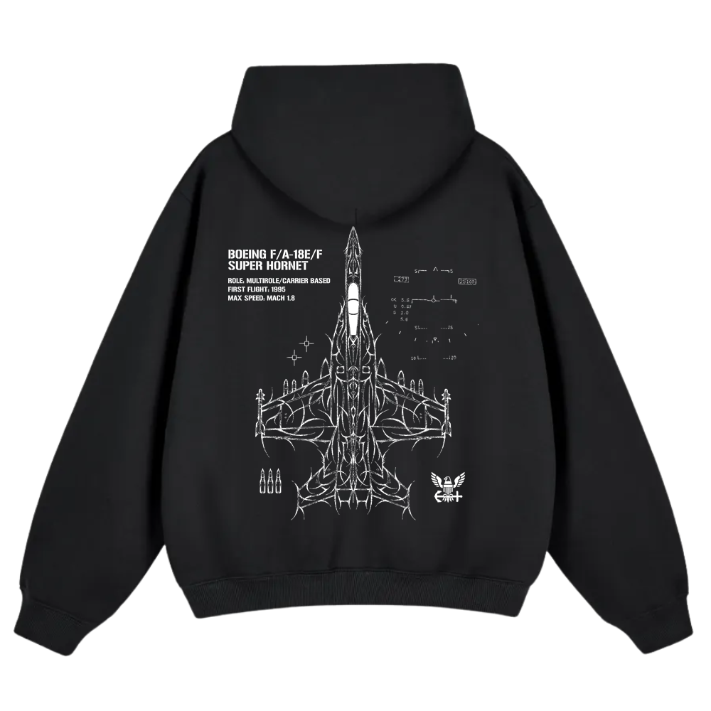 Black hoodie with white F/A-18E/F Super Hornet jet schematic and aviation design on back