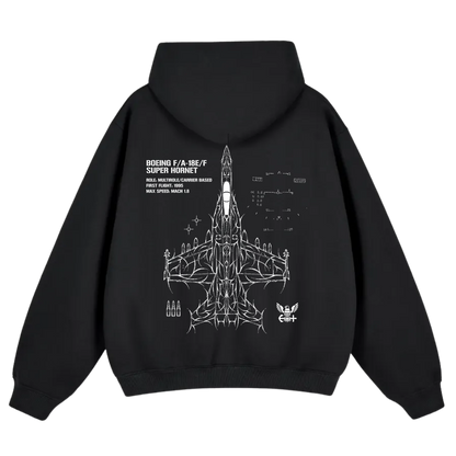 Black hoodie with white F/A-18E/F Super Hornet jet schematic and aviation design on back