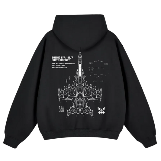 Black hoodie with white F/A-18E/F Super Hornet jet schematic and aviation design on back