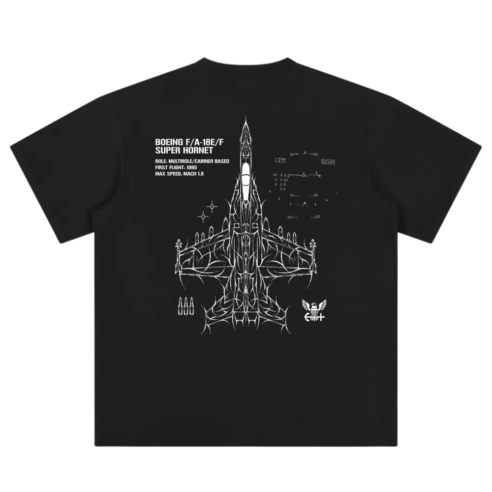 Black t-shirt featuring a white F/A-18E/F Super Hornet jet schematic and technical details on the back.