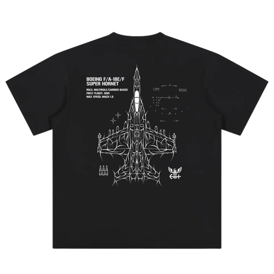 Black t-shirt featuring a white F/A-18E/F Super Hornet jet schematic and technical details on the back.