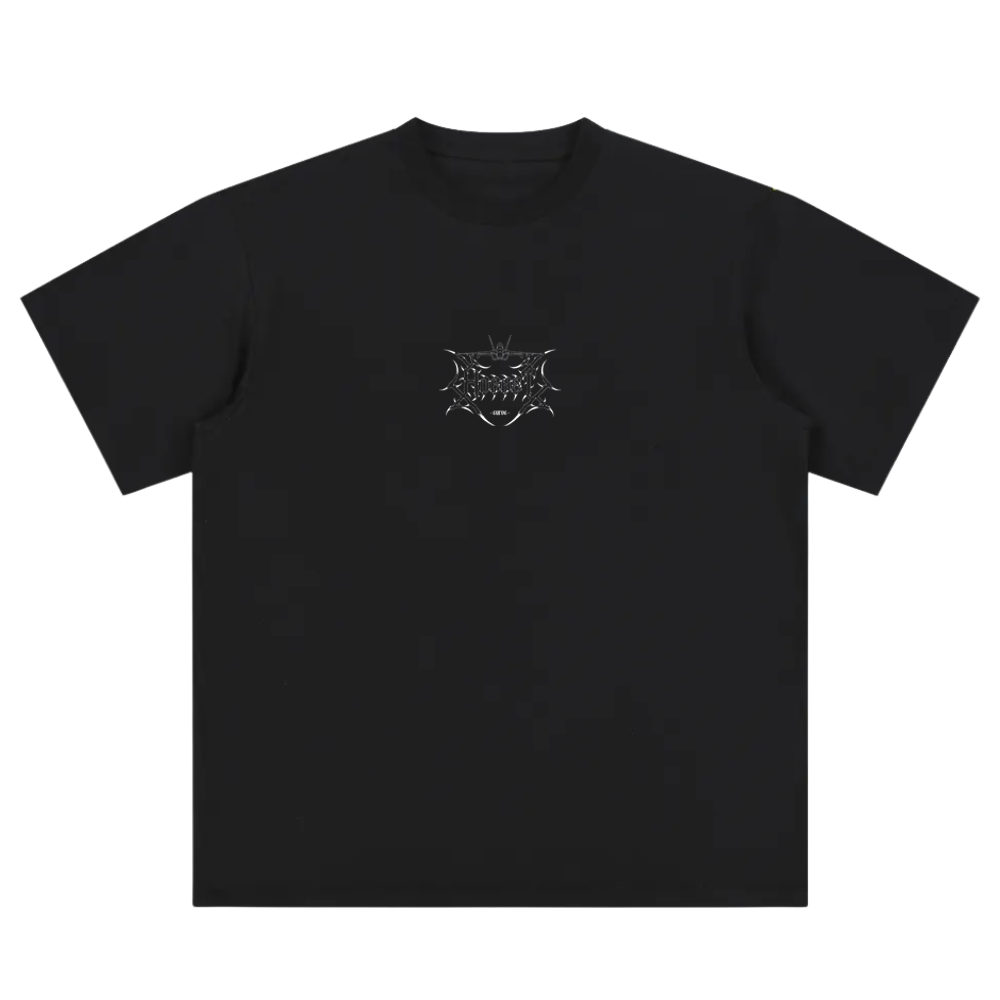 black graphic t-shirt with metallic aviation-inspired logo on front, modern streetwear style