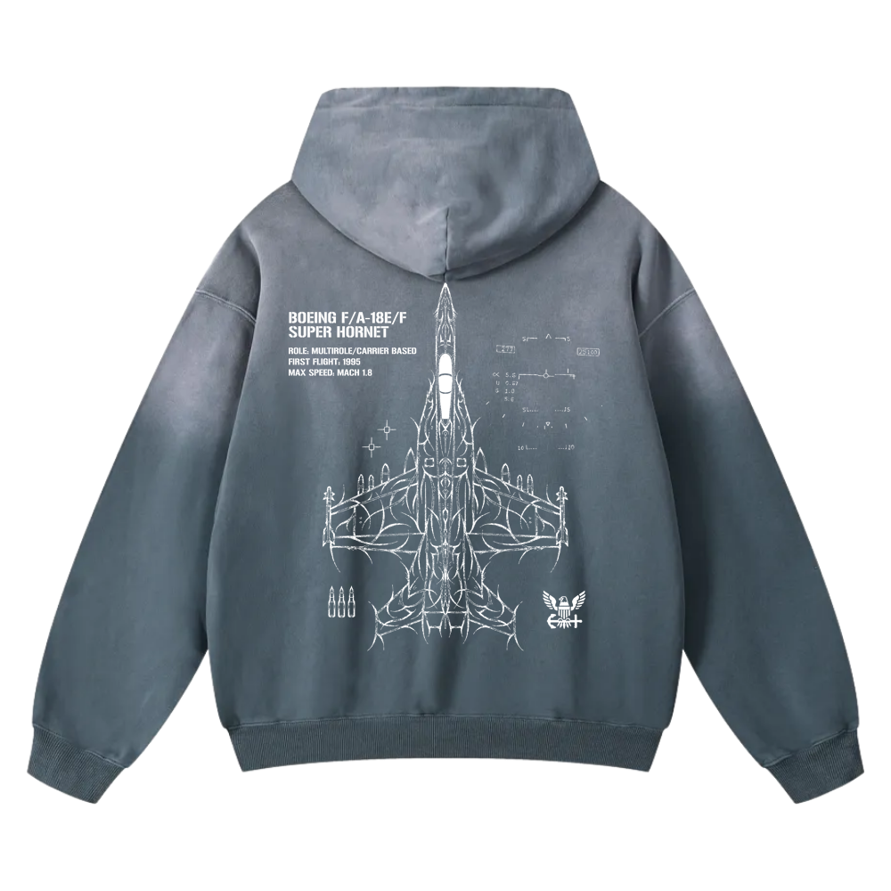 Blue hoodie back view with F/A-18 Super Hornet jet schematic and aviation-inspired graphics
