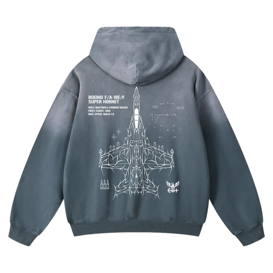 Blue hoodie back view with F/A-18 Super Hornet jet schematic and aviation-inspired graphics