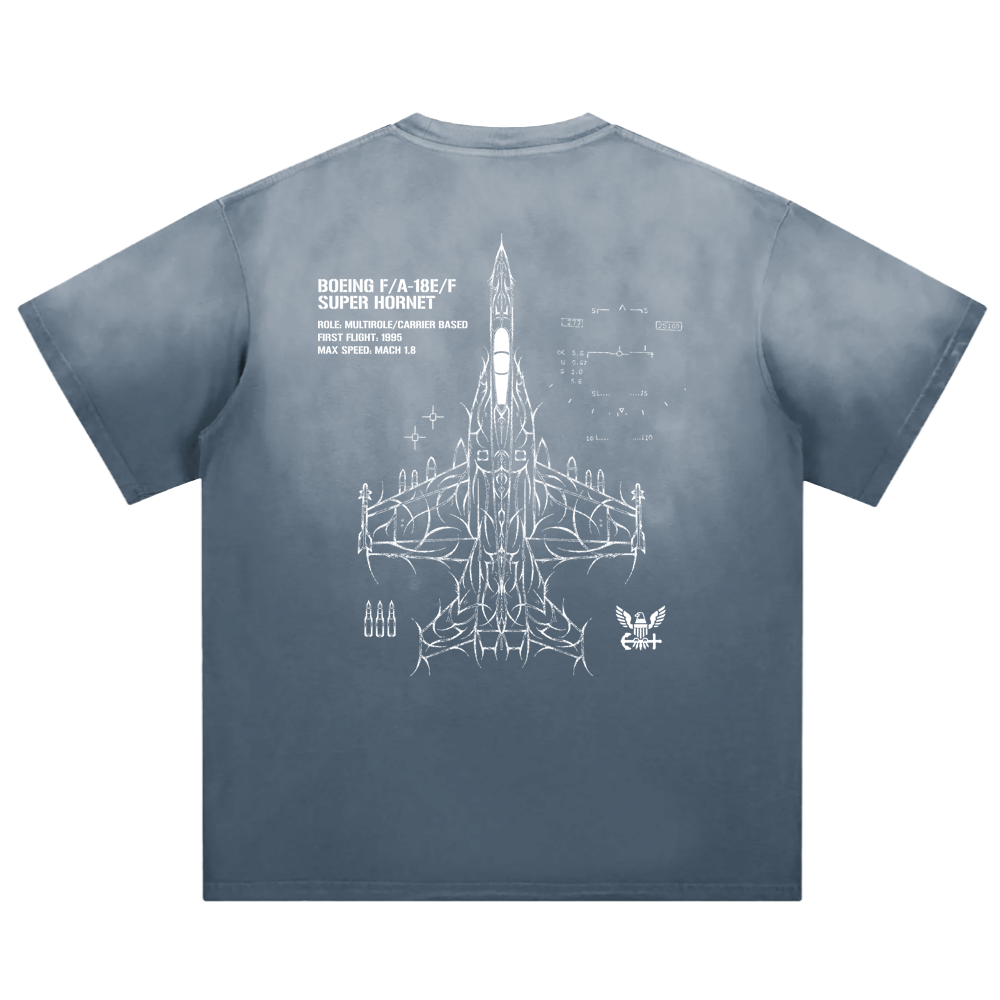 Blue t-shirt back with F/A-18 Super Hornet jet line art and aviation-inspired graphics