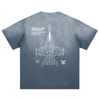 Blue t-shirt back with F/A-18 Super Hornet jet line art and aviation-inspired graphics