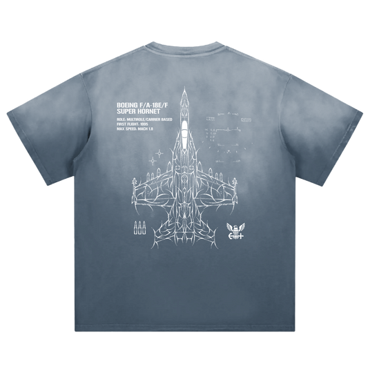 Blue t-shirt back with F/A-18 Super Hornet jet line art and aviation-inspired graphics