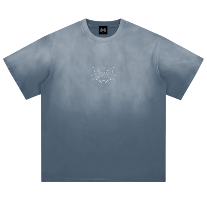 Blue streetwear t-shirt with white aviation-inspired graphic on front center