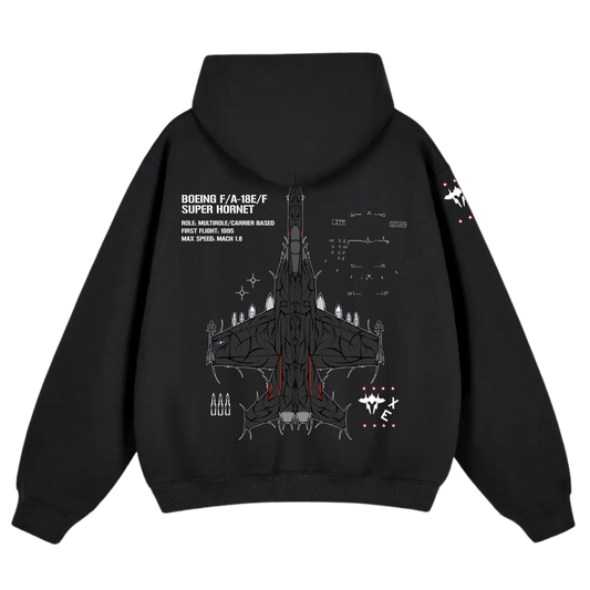 Black hoodie with F/A-18 Super Hornet aircraft graphic and aviation specs on the back
