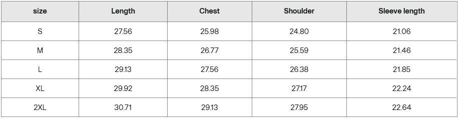 Frayed hoodie size guide chart with measurements for S to 2XL in length, chest, shoulder, and sleeve length.