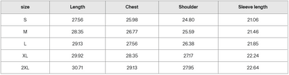 Frayed hoodie size chart with length, chest, shoulder, and sleeve measurements S to 2XL.