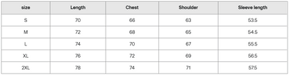 Frayed hoodie size guide in centimeters showing measurements for S to 2XL: length, chest, shoulder, sleeve length.