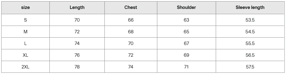 Frayed hoodie size chart with length, chest, shoulder, and sleeve measurements in cm for sizes S to 2XL