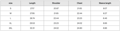 Frayed shirt size guide chart showing measurements for S to 2XL in length, shoulder, chest, and sleeve.
