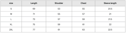 Shirt size guide in centimeters for S to 2XL with length, shoulder, chest, and sleeve measurements.