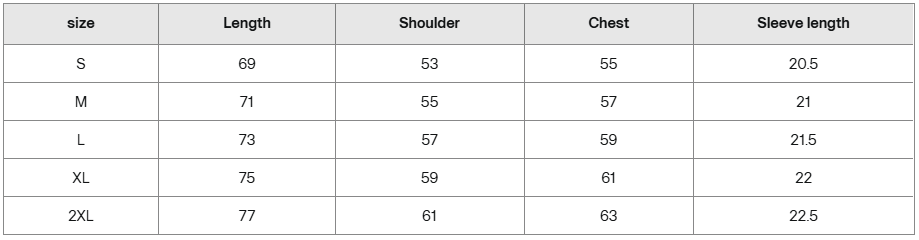 Shirt size guide in centimeters showing length, shoulder, chest, and sleeve length for S to 2XL.